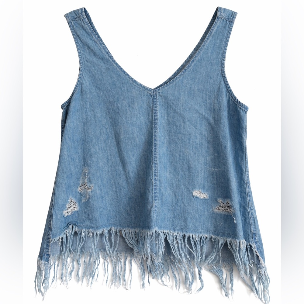 American Eagle Chambray Fringe Hem Distressed Tank Top XS